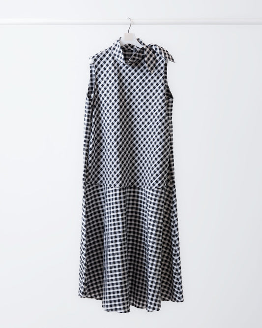 Black and white plaid sailor bow tie long dress 