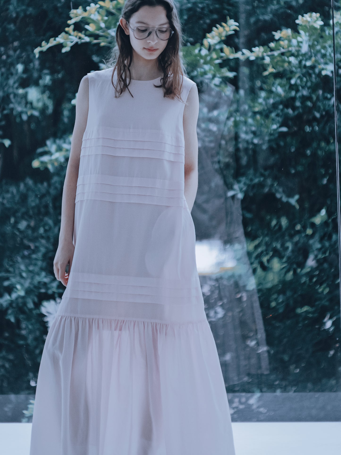 Layered Pleated Loose Long Dress (Pink) 