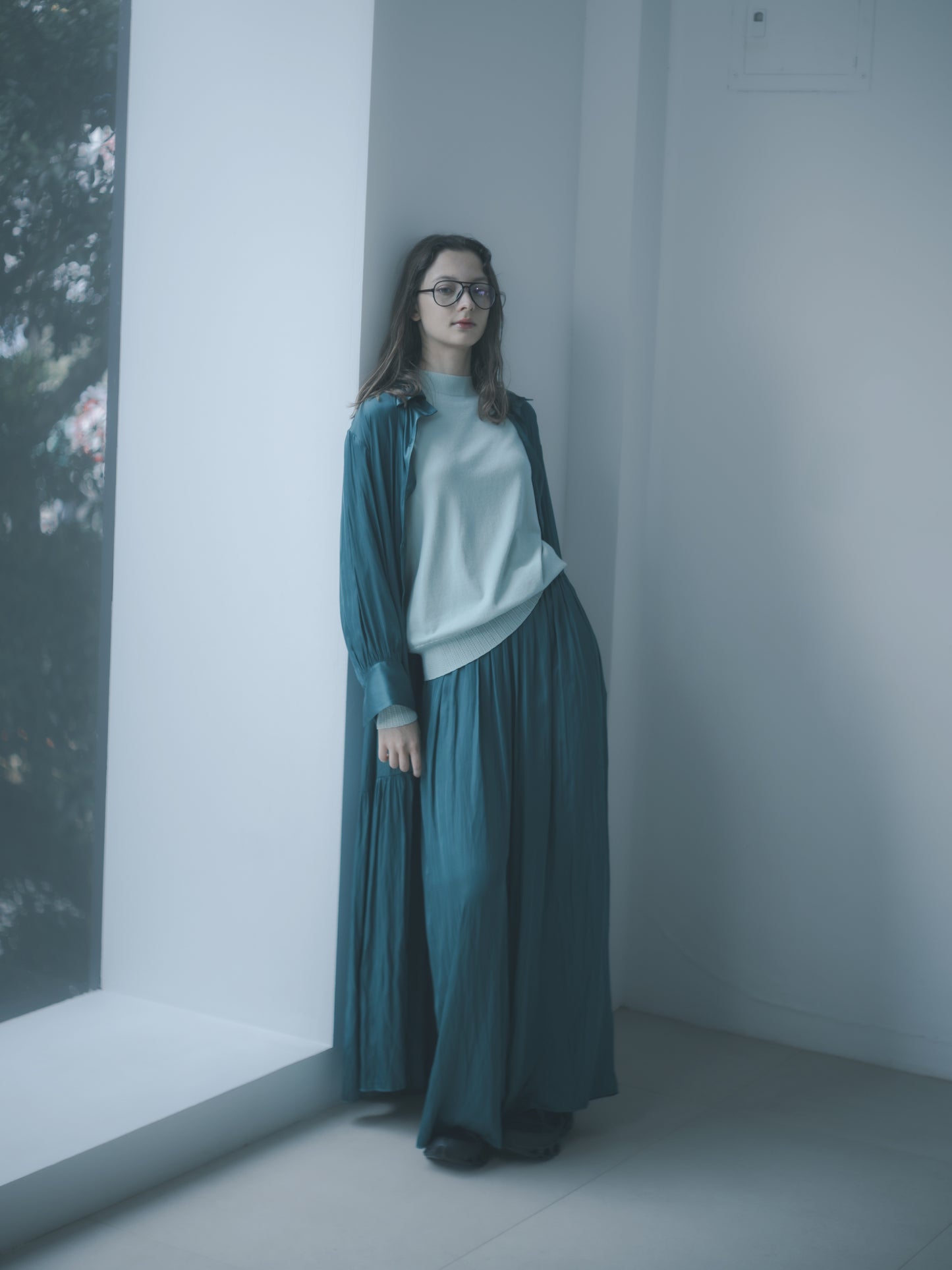 霧光緞面鬆緊寬褲(綠色)