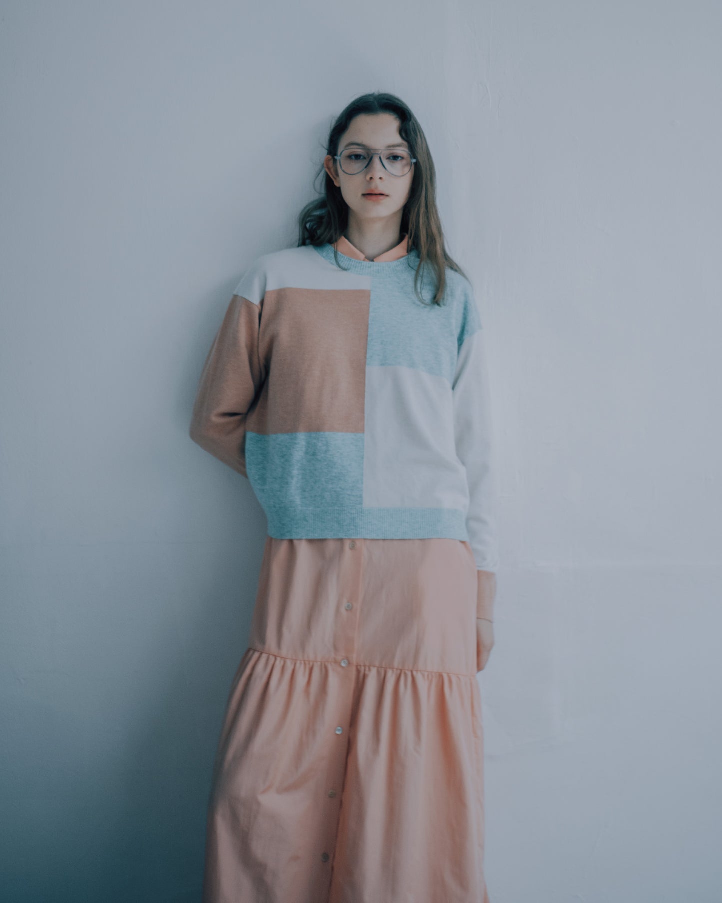 色塊拼接長袖針織上衣(彩色)