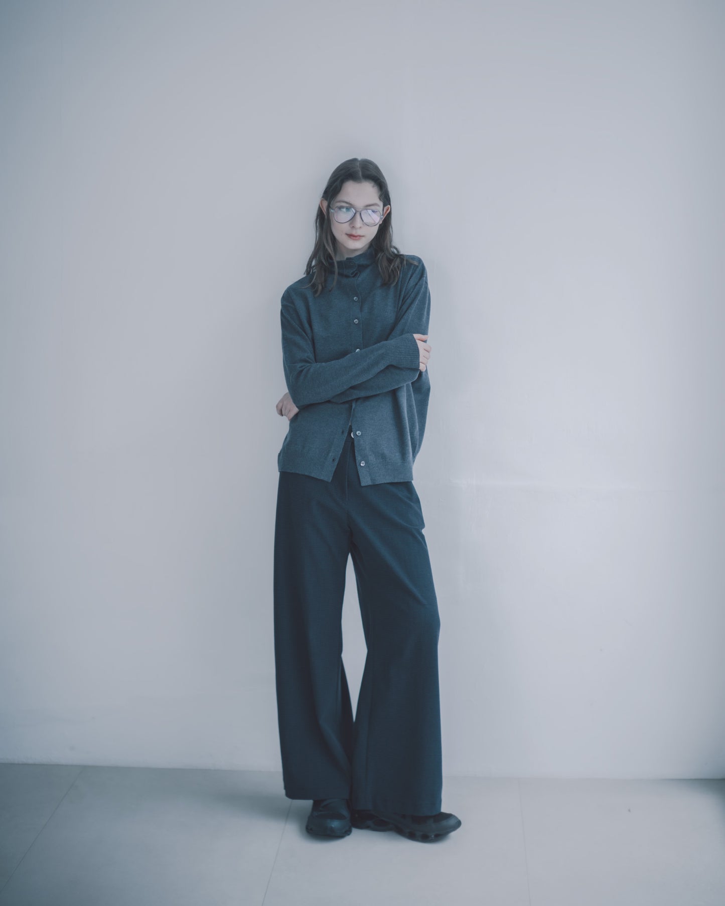 小高領針織開襟衫(鐵灰)