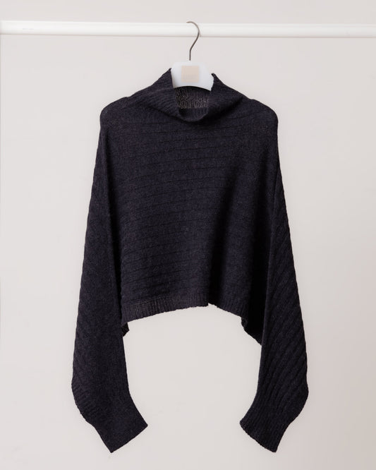 高領橫紋寬袖針織上衣(鐵灰)