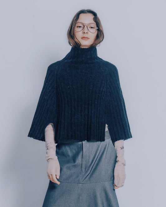 高領寬鬆針織斗篷(黑色)