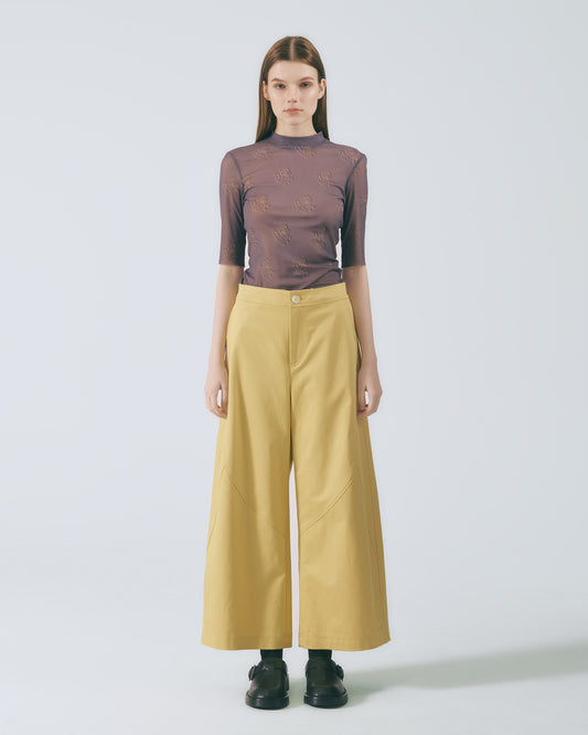 弧線剪接直筒長褲 (亮黃)