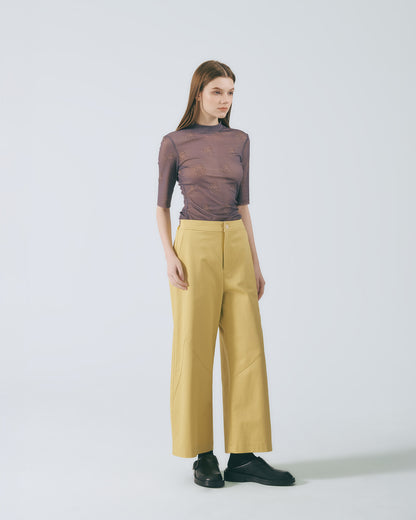 弧線剪接直筒長褲 (亮黃)
