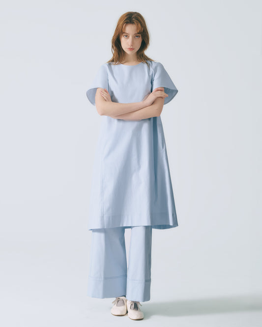 下襬寬版拼接長褲(淺藍)