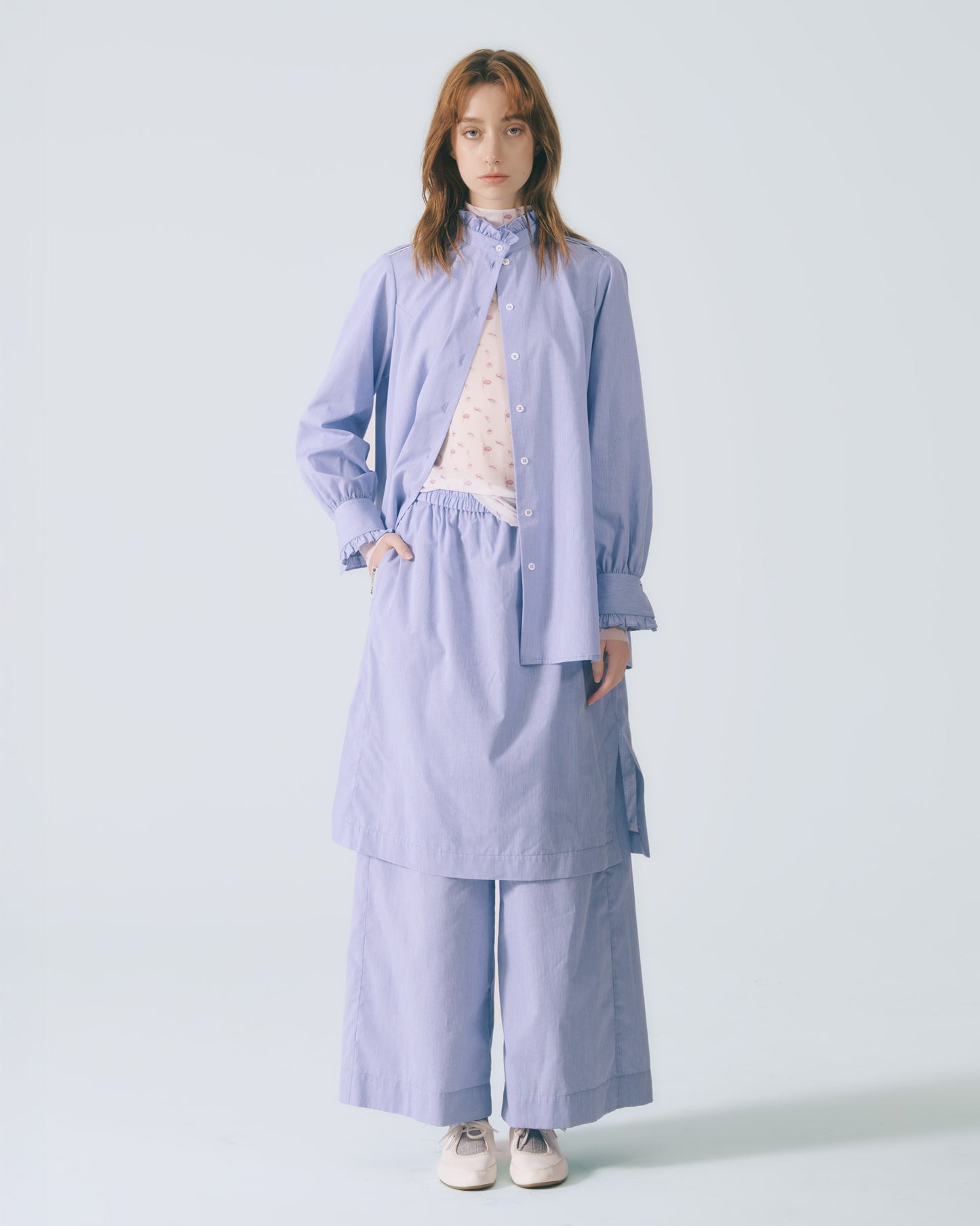 細褶荷葉領條紋襯衫(藍色)