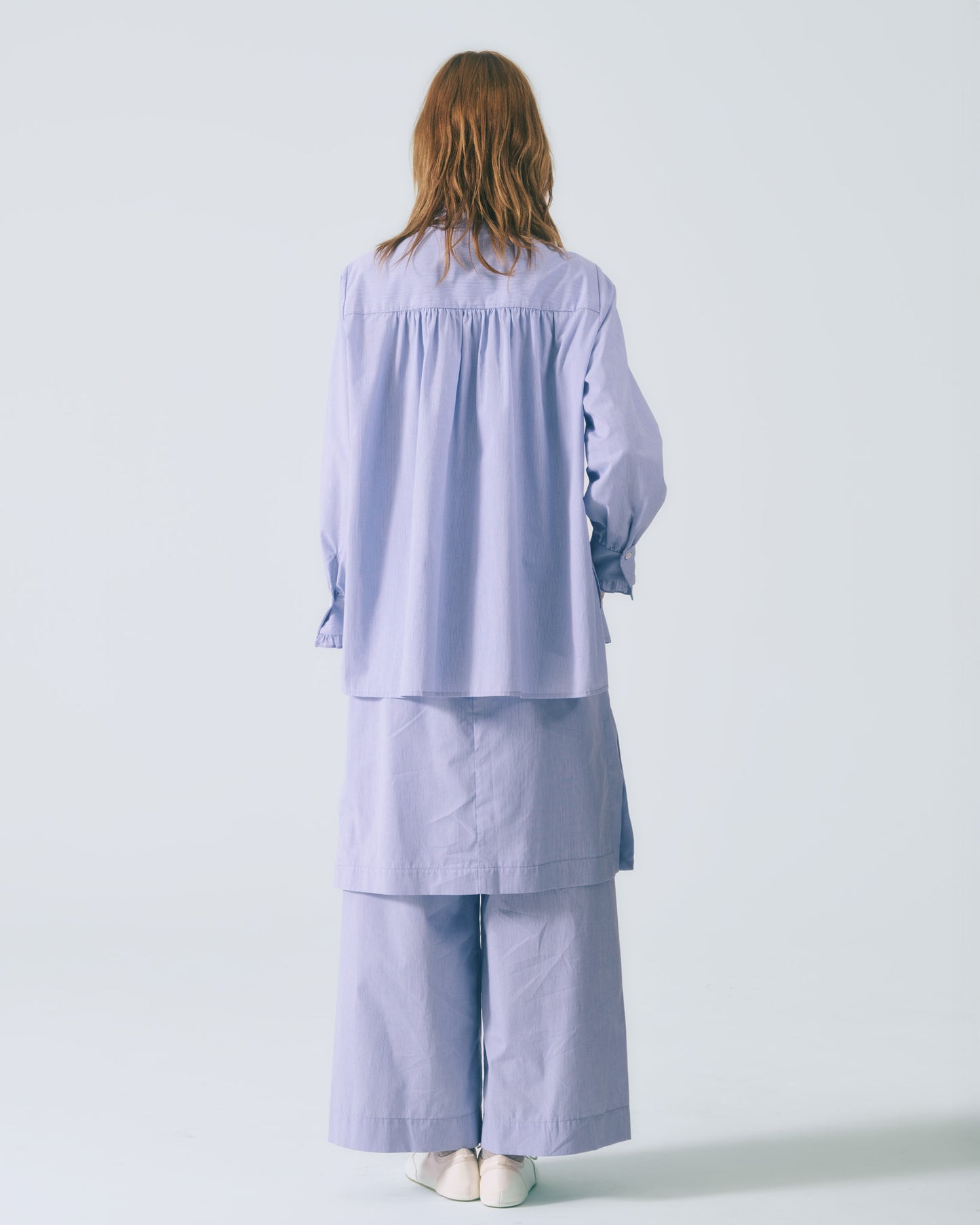 細褶荷葉領條紋襯衫(藍色)