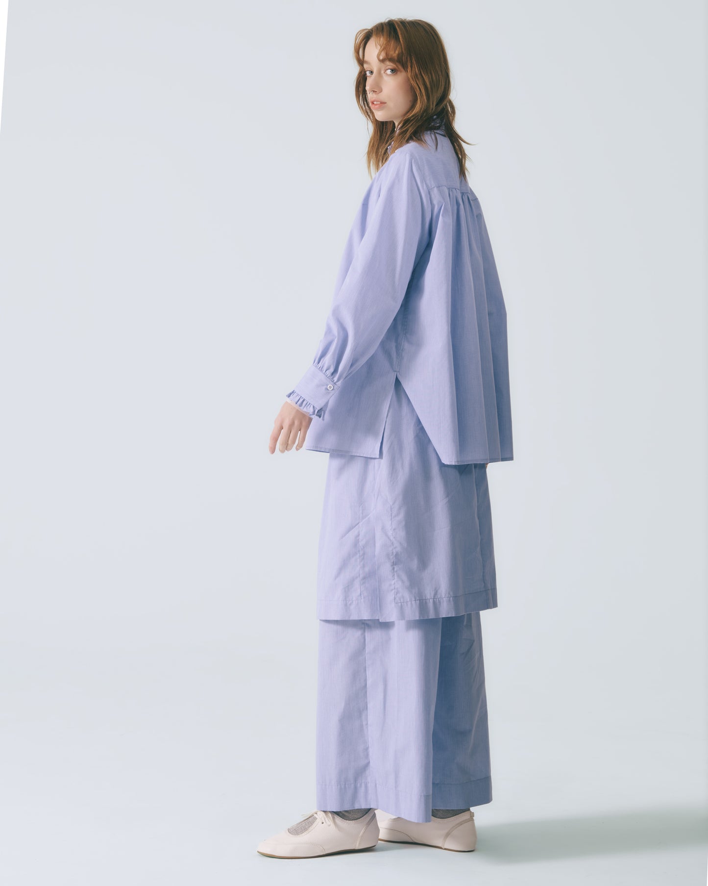 細褶荷葉領條紋襯衫(藍色)