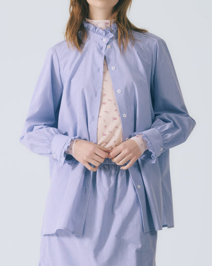 細褶荷葉領條紋襯衫(藍色)