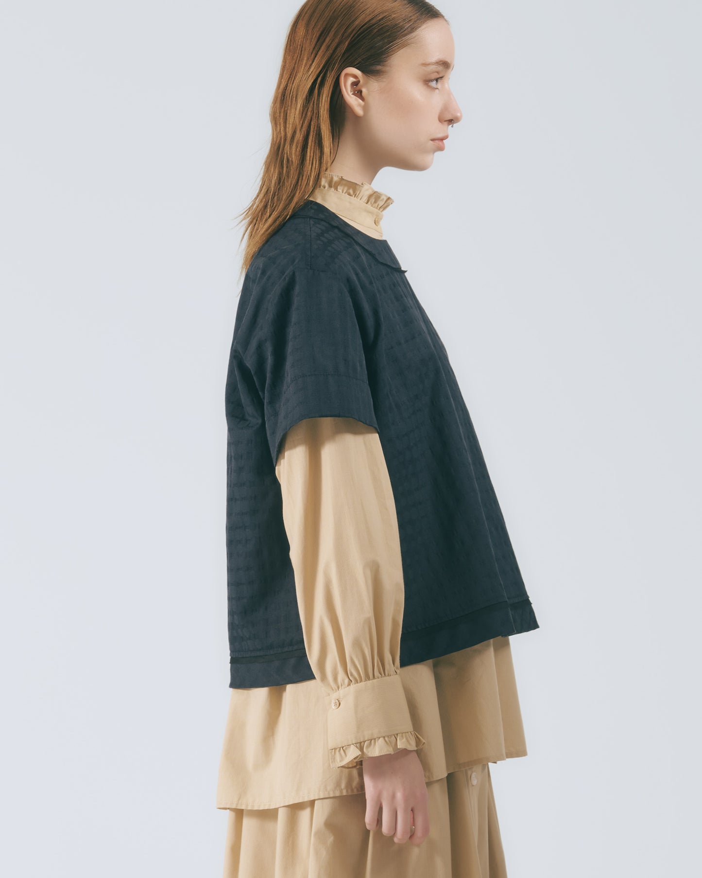 立體格紋短袖上衣(深藍)