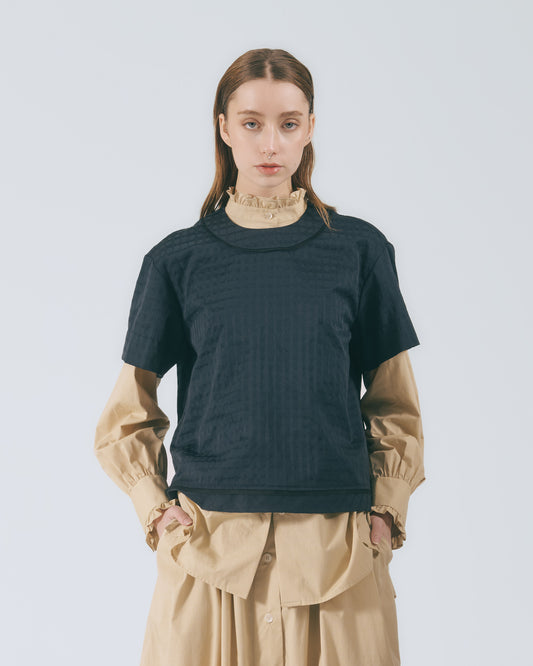 立體格紋短袖上衣(深藍)