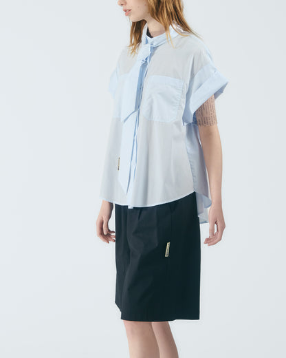 雙貼袋綁帶立領襯衫 (淺藍)