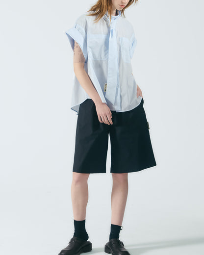 雙貼袋綁帶立領襯衫 (淺藍)