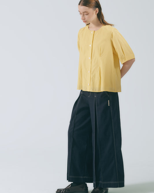 打褶五分袖襯衫(亮黃)