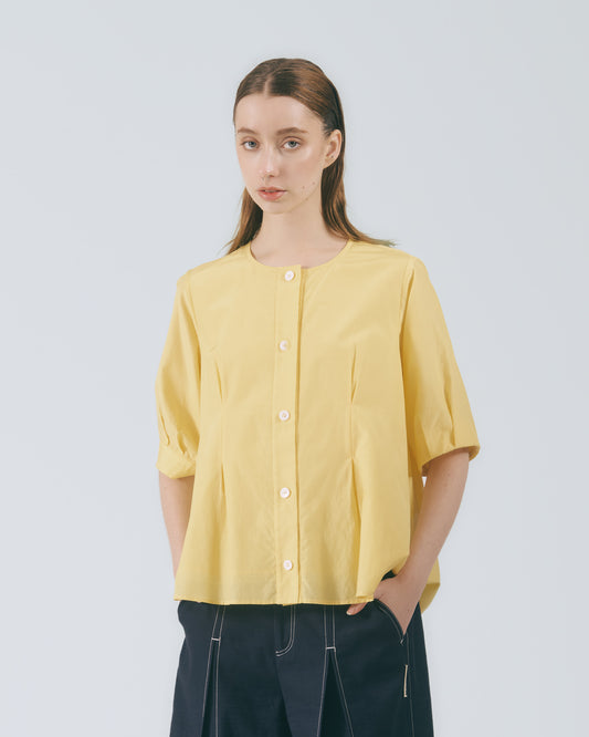 打褶五分袖襯衫(亮黃)
