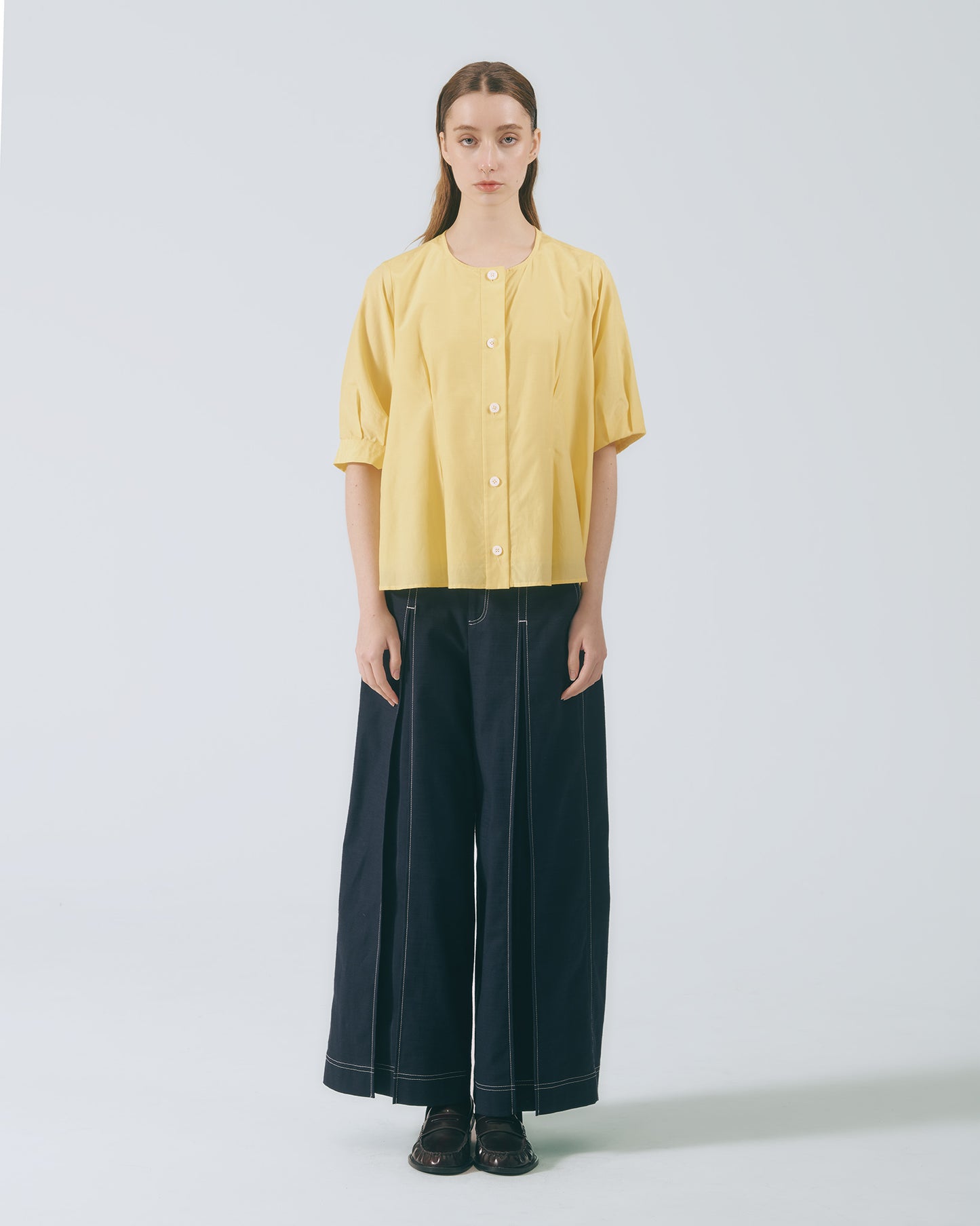 打褶五分袖襯衫(亮黃)