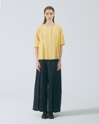打褶五分袖襯衫(亮黃)