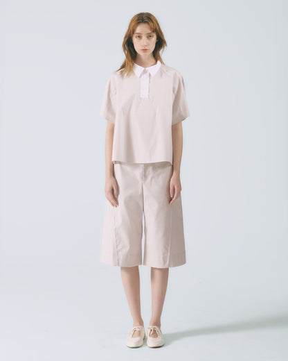 拼接領口短袖上衣 (淺灰)