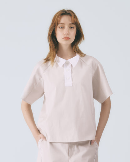 拼接領口短袖上衣 (淺灰)