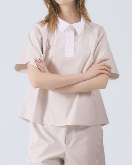 拼接領口短袖上衣 (淺灰)