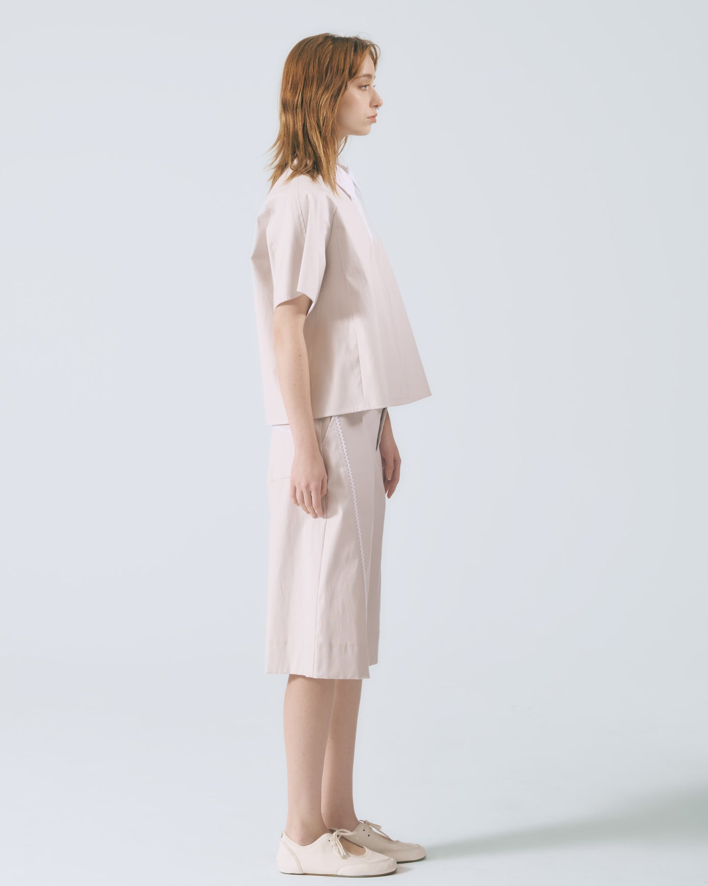 拼接領口短袖上衣 (淺灰)