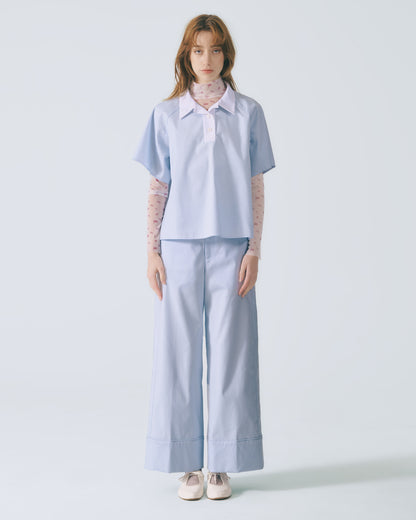 拼接領口短袖上衣 (淺藍)