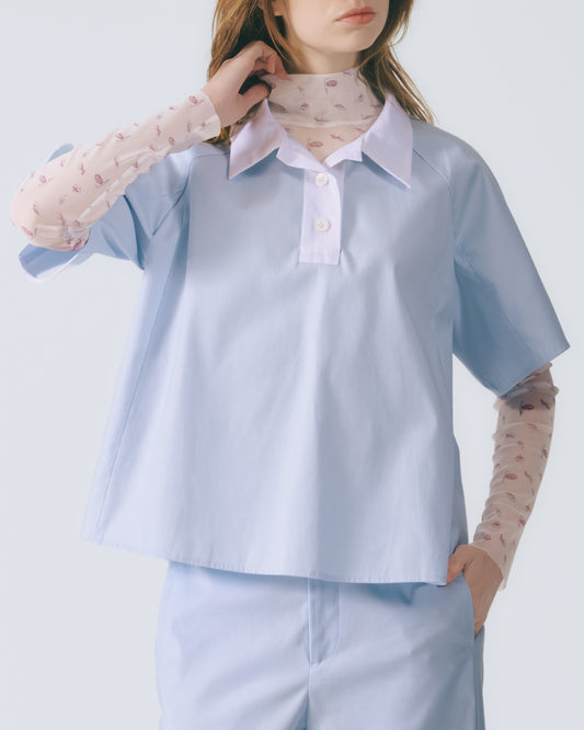 拼接領口短袖上衣 (淺藍)