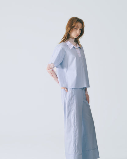 拼接領口短袖上衣 (淺藍)