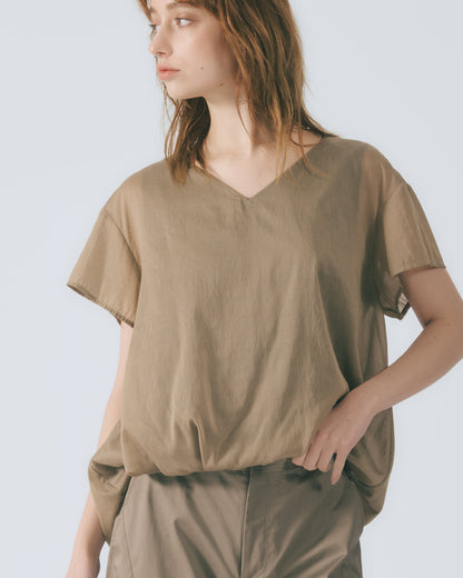 V領鬆褶條紋上衣 (咖啡)