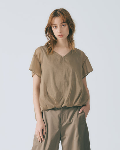 V領鬆褶條紋上衣 (咖啡)