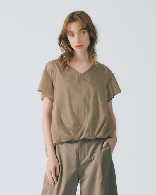 V領鬆褶條紋上衣 (咖啡)