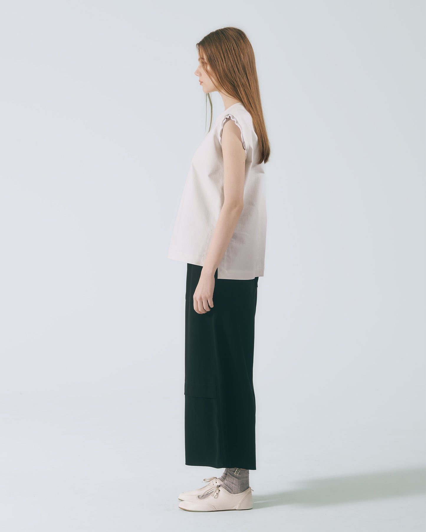 袖口拼接無袖上衣 (灰卡其)