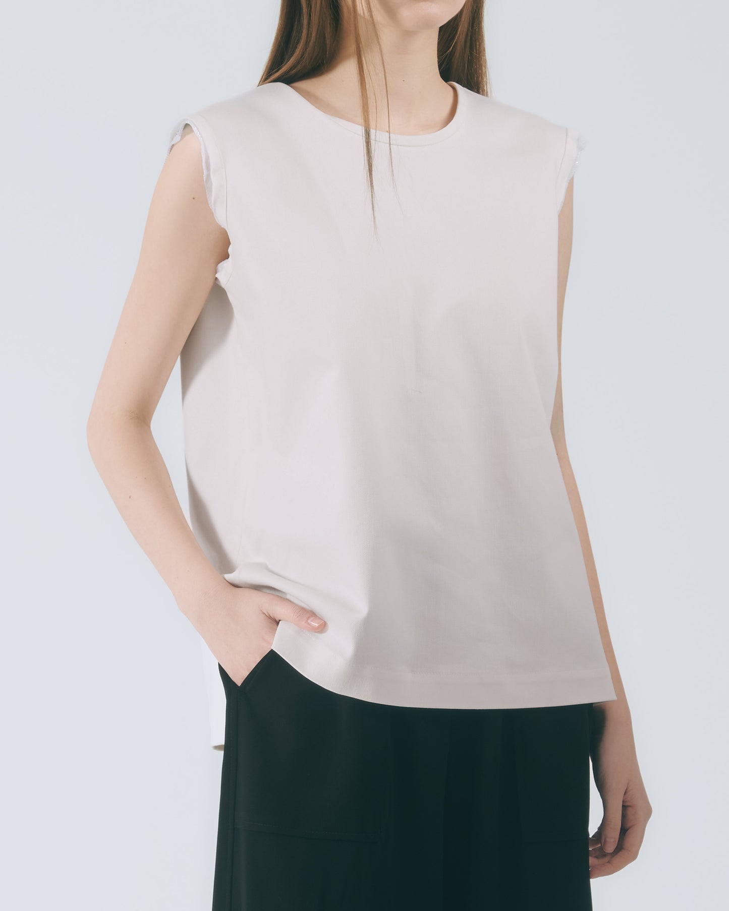 袖口拼接無袖上衣 (灰卡其)