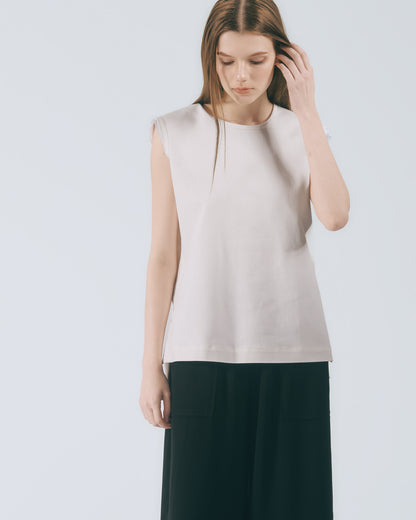 袖口拼接無袖上衣 (灰卡其)