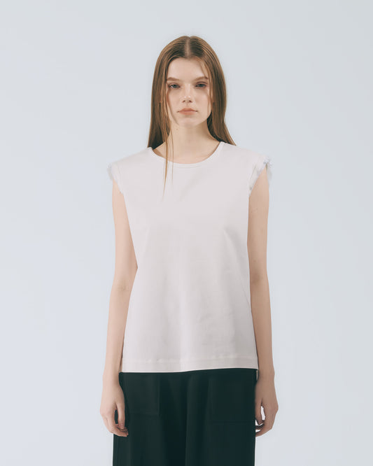 袖口拼接無袖上衣 (灰卡其)