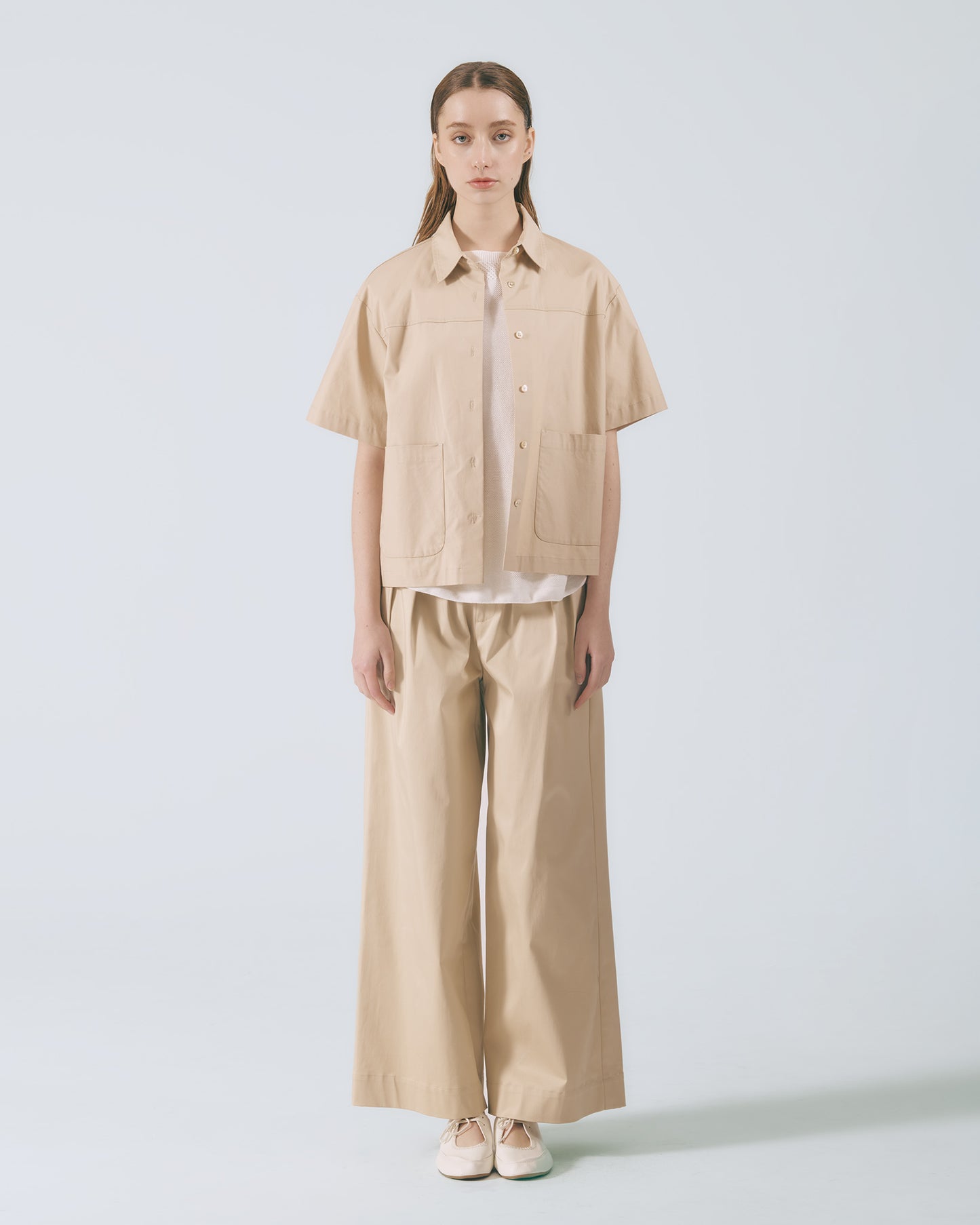 多摺高腰長寬褲 (卡其)