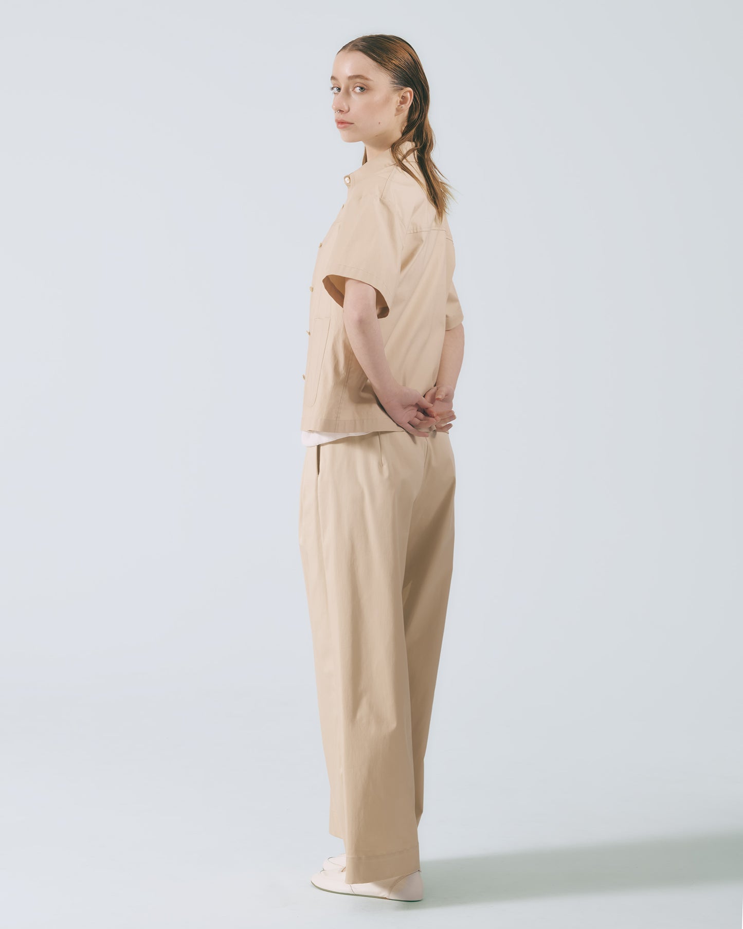 工裝貼袋短袖襯衫 (杏色)