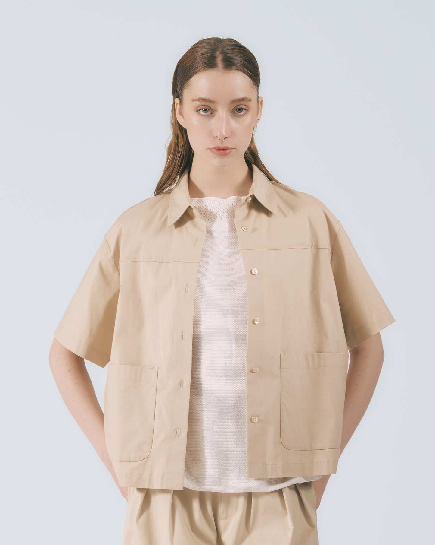 工裝貼袋短袖襯衫 (杏色)