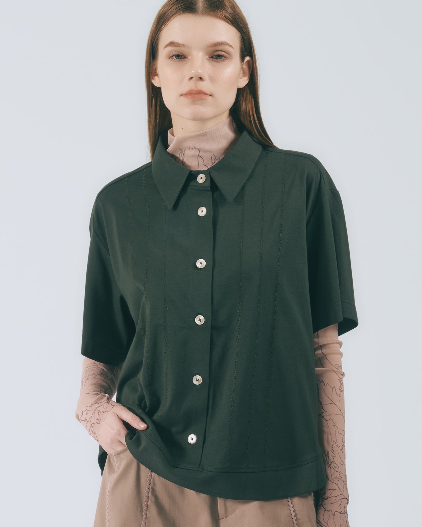 人字壓線短版襯衫(深綠)
