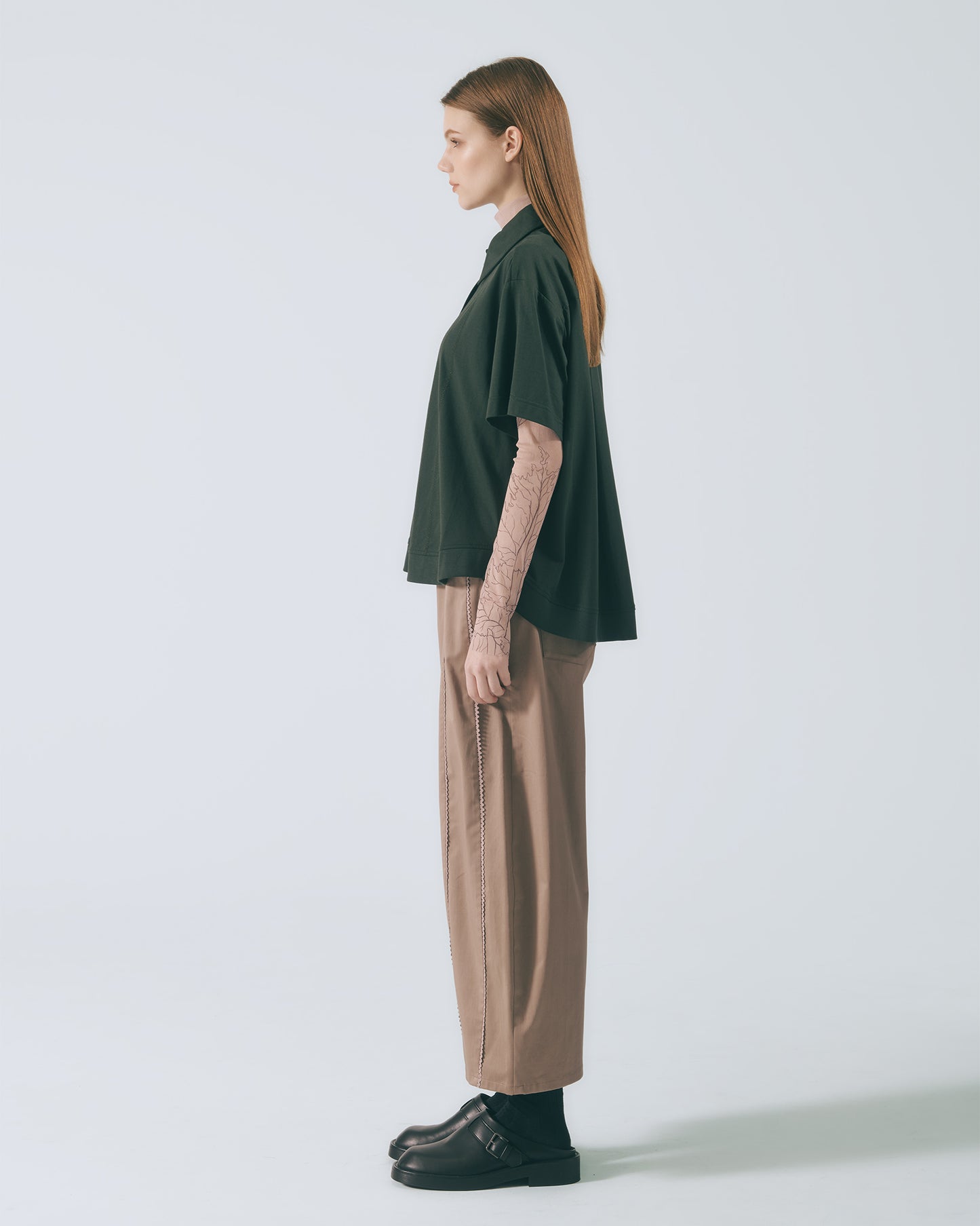 人字壓線短版襯衫(深綠)