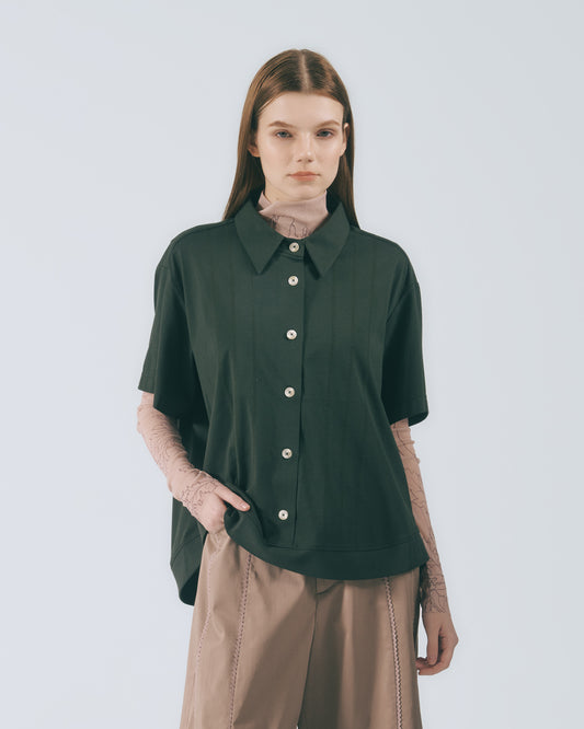 人字壓線短版襯衫(深綠)
