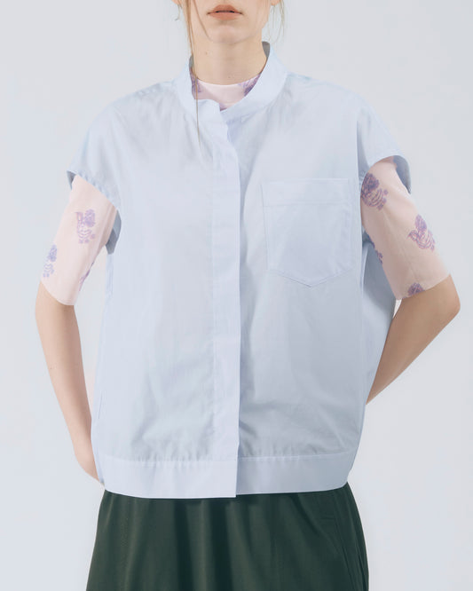 立領蓋袖棉質襯衫 (淺藍)