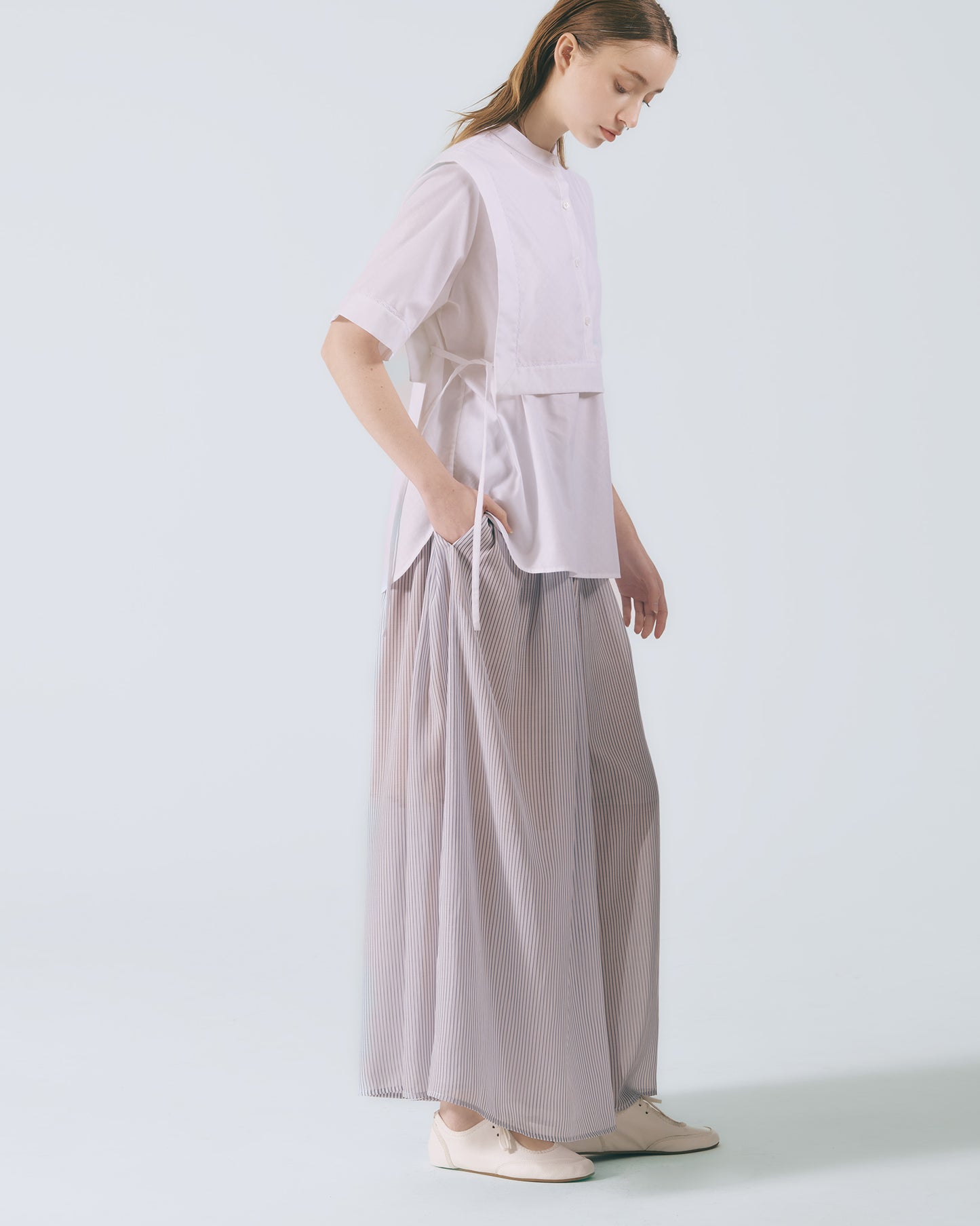 細條紋鬆緊寬擺長褲 (藍白條)