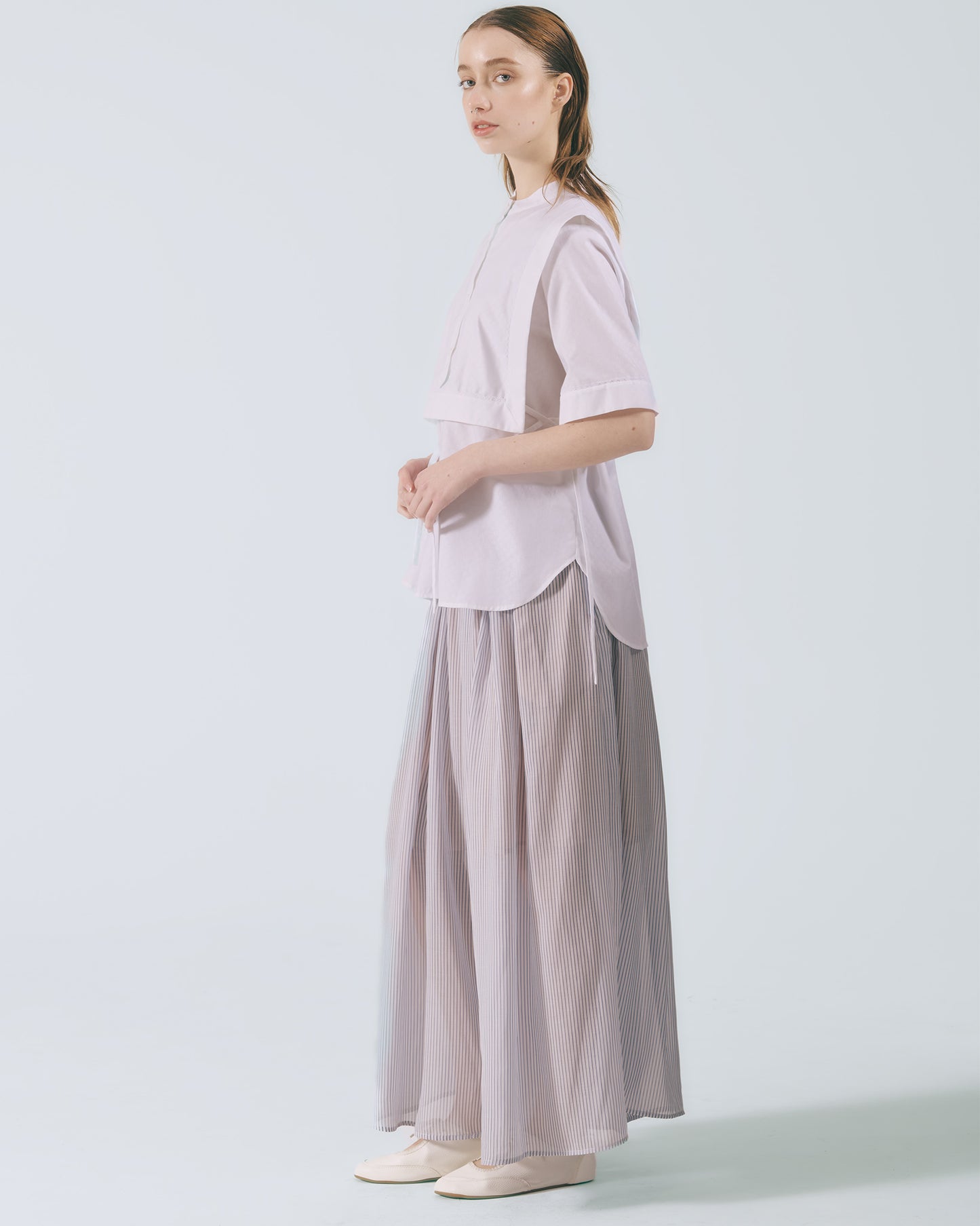 細條紋鬆緊寬擺長褲 (藍白條)