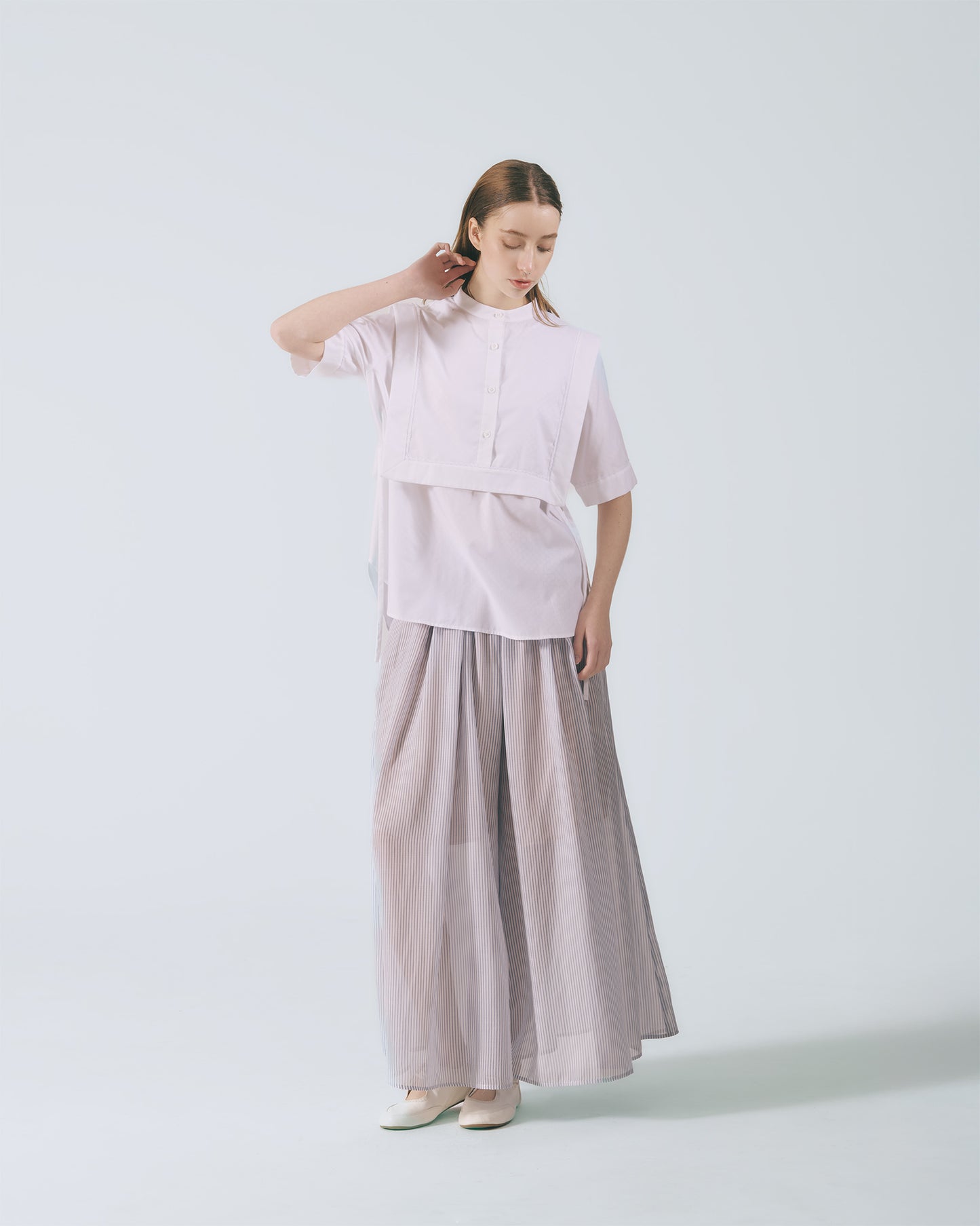 細條紋鬆緊寬擺長褲 (藍白條)