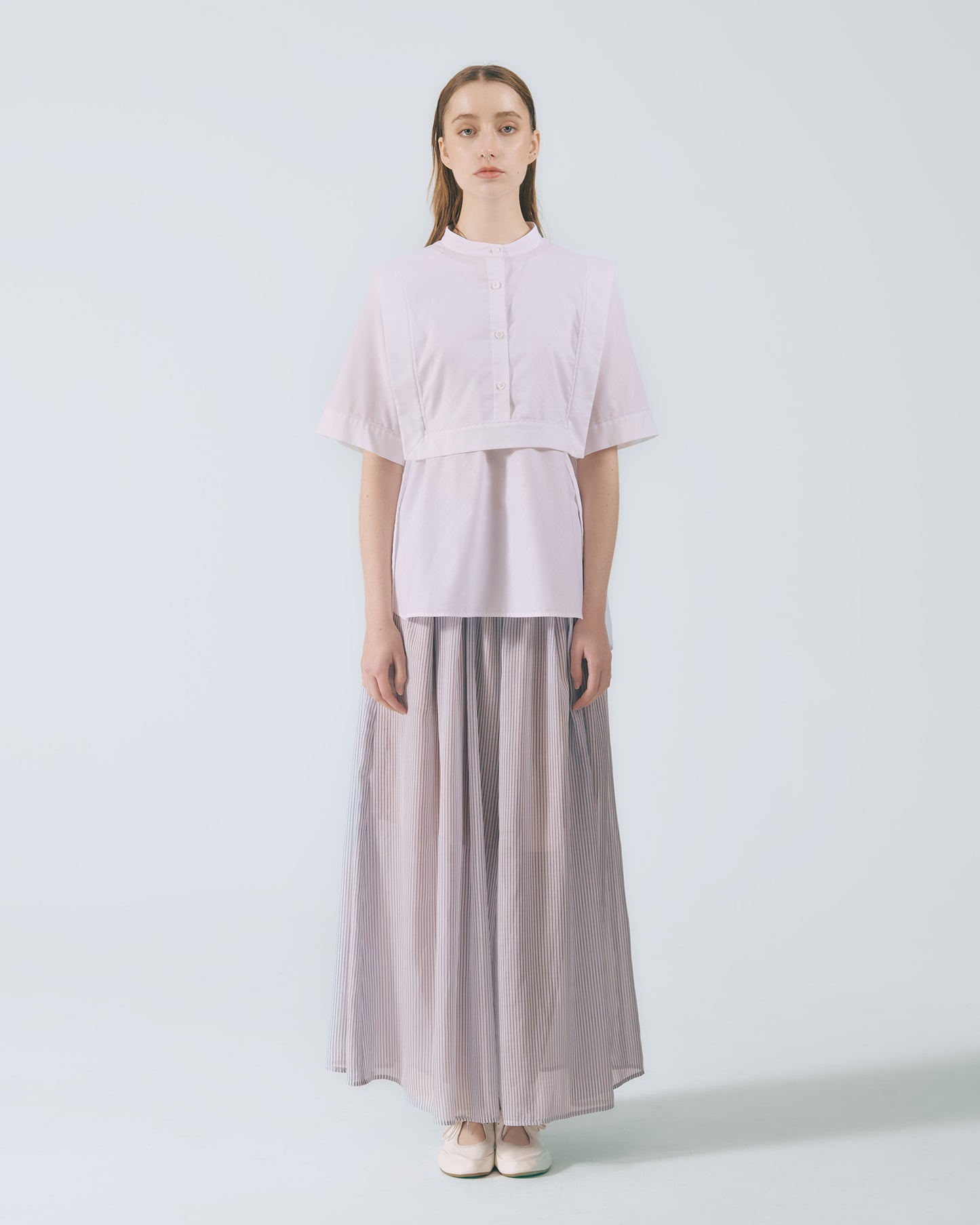 細條紋鬆緊寬擺長褲 (藍白條)