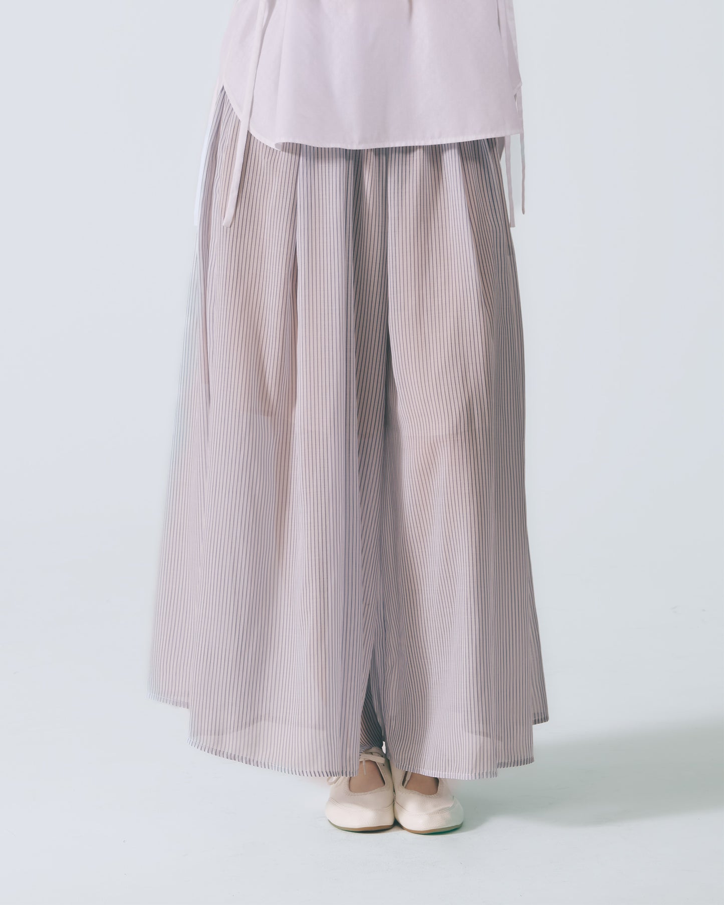 細條紋鬆緊寬擺長褲 (藍白條)