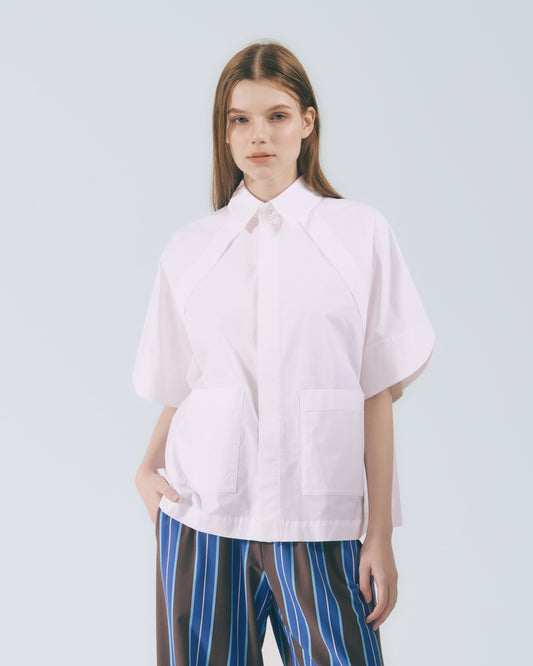 弧線剪接五分袖襯衫(白色)