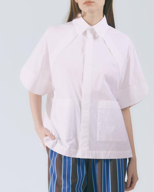 弧線剪接五分袖襯衫(白色)